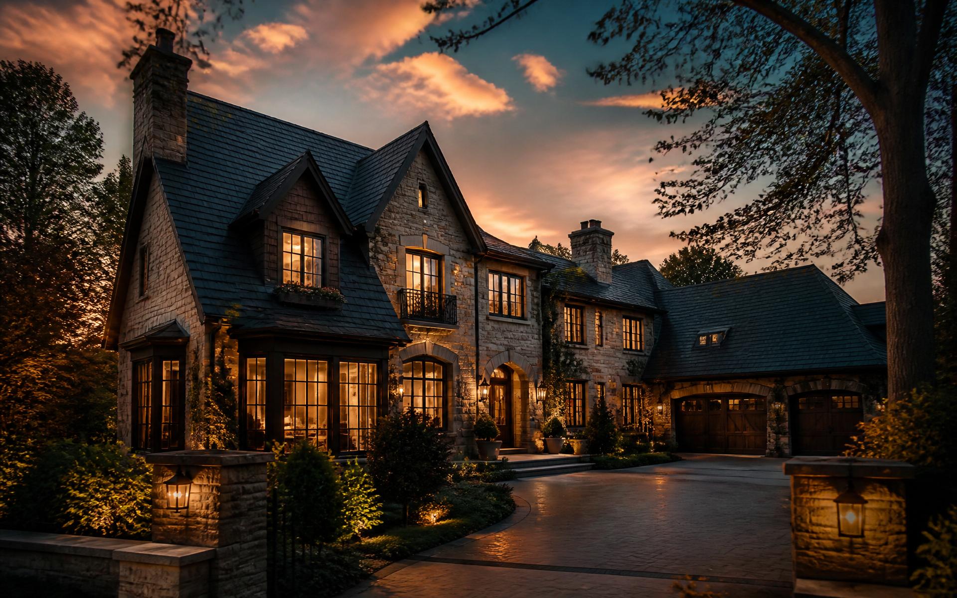 Luxury European-style home at golden hour, crafted by Tomas Construction
